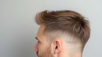 Fototapeta premium Side view of a man with stylish haircut against gray background, showcasing modern grooming and hairstyle trends.