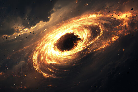 A dramatic view of a black hole with an accretion disk, showing fiery streams of matter spiraling inward, warped by intense gravitational forces