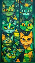 Green cats mural, urban wall art, night scene
