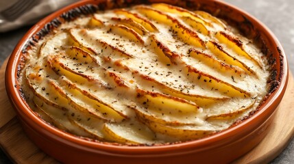 Dish of gratin dauphinois layers of thinly sliced potatoes in a creamy garlic sauce topped with melted cheese