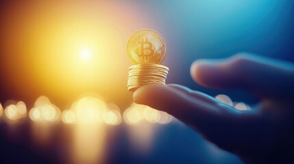 Gold Bitcoin Coin on Stack with Hand in Background