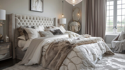 A luxurious bedroom with rich textures, plush bedding, elegant lighting, and a chic color palette for a sophisticated retreat