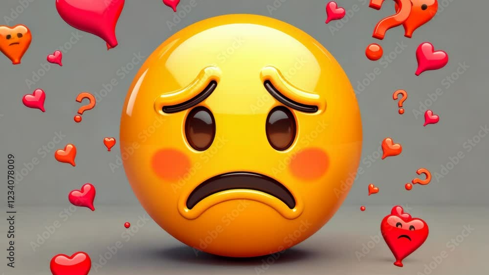 Poster A yellow face with a frown and a red heart on the left side. There are two red exclamation points on the right side