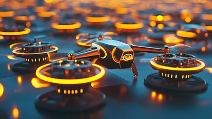 Futuristic drone with glowing orange accents lands among a fleet of similar drones on a dark reflective surface.  High-tech and sleek design.