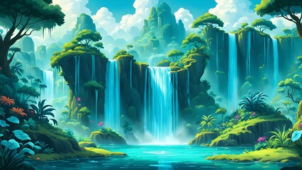 Lush, vibrant illustration of a tropical waterfall cascading into a tranquil pool surrounded by vibrant green foliage and majestic cliffs.