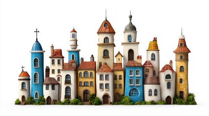 Fototapeta premium Charming Whimsical Town Illustration with Colorful Buildings and Unique Architectural Details, Set Against a Clean White Backgroun