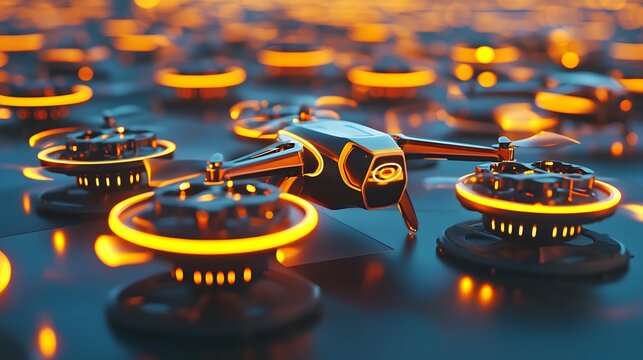 Futuristic drone with glowing orange accents lands among a fleet of similar drones on a dark reflective surface.  High-tech and sleek design.