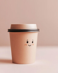 Eco-friendly kawaii to go coffee cup with smiling face illustration, made from biodegradable materials. Concept of sustainability, cozy mornings, and cheerful on-the-go living