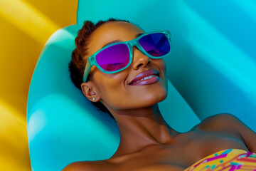 Naklejka premium A woman in a bikini and sunglasses laying on a blue and yellow pool float