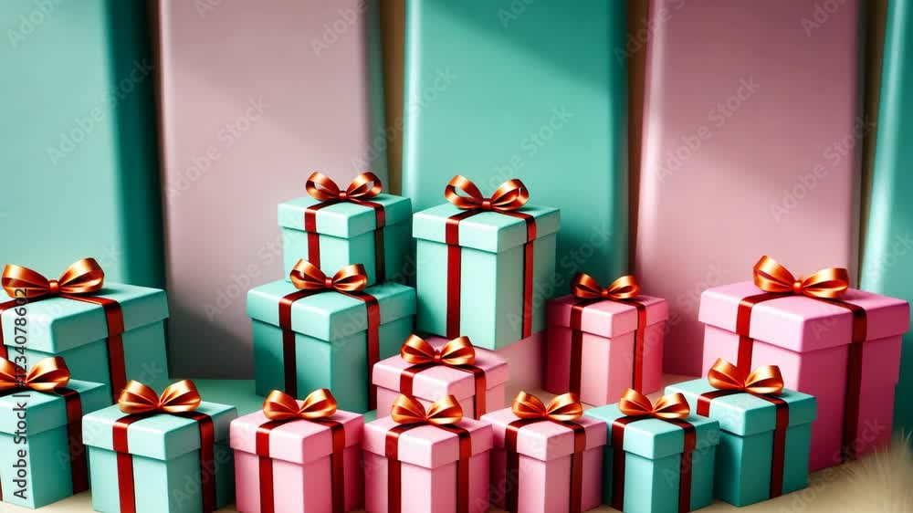 Poster A stack of pink and blue boxes with red bows on top. The boxes are stacked on top of each other