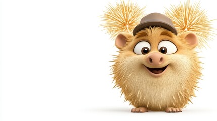 Fototapeta premium Cheerful Tan Cartoon Hedgehog In Cap Against White Background