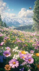 Fototapeta premium Beautiful wildflower meadow with mountains in the background
