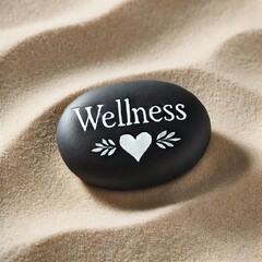 A smooth black stone with the word "Wellness" engraved on it, resting on raked sand for a serene effect. AI generated.
