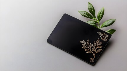 Black Card with Gold Floral Design and Green Leaves on Grey