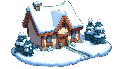 Naklejka premium Cozy Snow Covered Cottage Pixel Art Winter Illustration