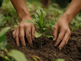 Fototapeta premium Hands planting a young tree in rich, dark soil