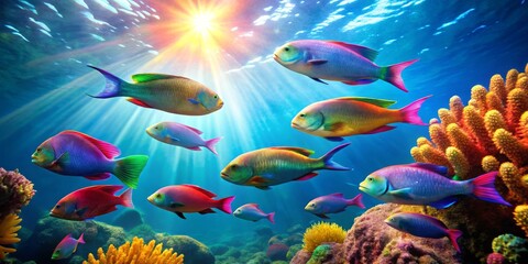 Fototapeta premium Colorful Tropical Fish Swimming in Vibrant Coral Reef Underwater