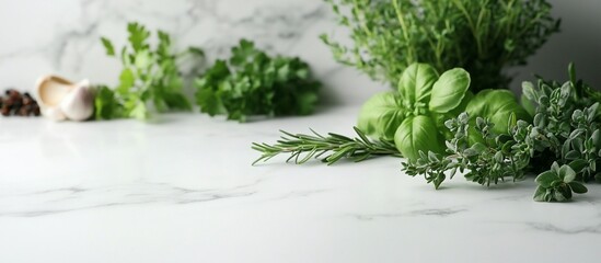 Fresh herbs including basil, rosemary, and parsley arranged on a marble countertop