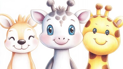 Obraz premium Adorable Cartoon Fawn and Giraffes Illustration Pastel Colors, Happy