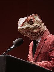 Anthropomorphic chameleon in sleek suit and tie delivering speech to audience on dark background. Symbol of cunning, calculated politician, adaptability and manipulation in politics. Minimal concept.