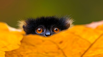 Fototapeta premium Black Lemur with Large Eyes Peeking from Behind Orange