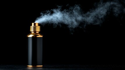 Black Perfume Bottle with Gold Accents Spraying Fine Mist