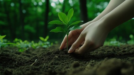 Fototapeta premium Planting a young sapling in a lush forest setting