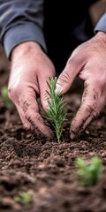 Hands planting a young plant in rich soil at a garden