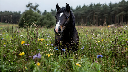 Black horse in meadow, forest background, summer day, nature photography