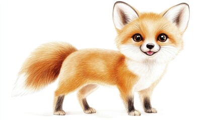 Adorable Orange Fox Kit Pastel Illustration Against White Background