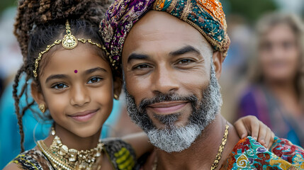 Fototapeta premium Father and daughter festival portrait, joyful smiles, cultural attire