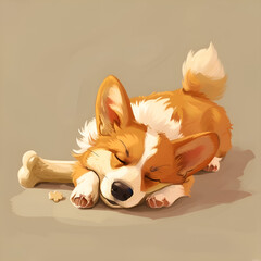 Welsh corgi puppy isolated on brown background. Cute happy dog character sleeping with bone