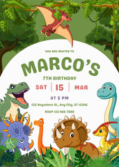 Birthday party invitation template with cute dinosour cartoon vector illustration. Birthday boy invitation card design. © blossom17