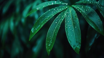 Fototapeta premium Lush green leaves glistening with raindrops in a tranquil setting