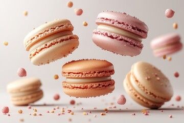 Obraz premium Colorful macarons floating against a soft background, showcasing dessert elegance.