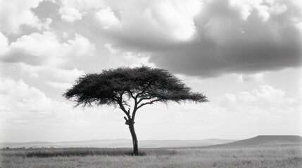 Obraz premium Lone acacia tree, African savanna, cloudy sky, tranquil landscape, nature photography