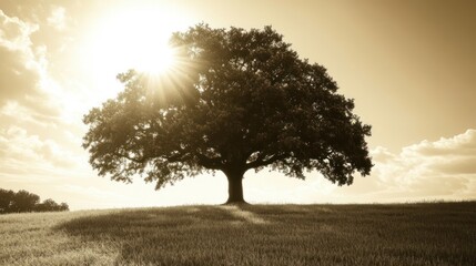 Obraz premium Solitary oak tree on hill, sunlit field, peaceful landscape; nature background