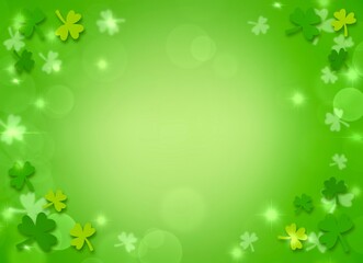 Saint Patrick background decorated with shamrock clover leaves border on gradient bokeh blurred green background