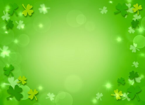 Saint Patrick background decorated with shamrock clover leaves border on gradient bokeh blurred green background