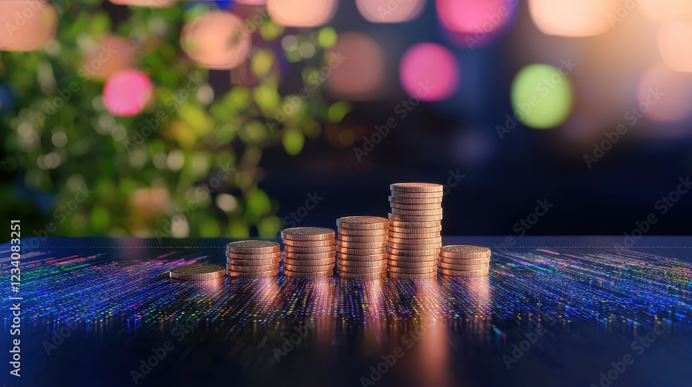 Poster stacked coins with colorful bokeh background effect