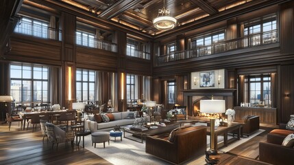 Fototapeta premium Luxurious city penthouse living room, double-height ceilings, fireplace, cityscape view