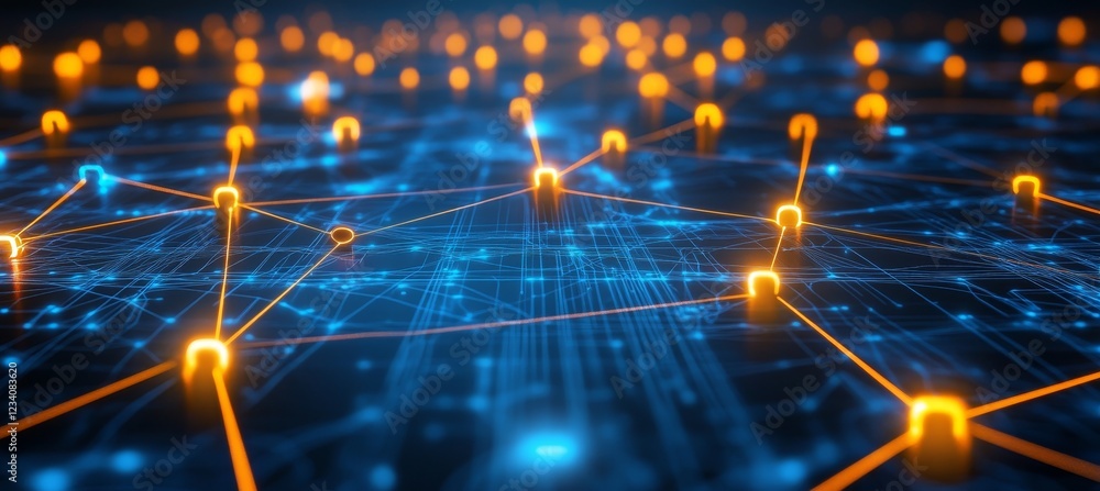 Poster minimal network, abstract geometric blue circuitry with bright glowing nodes on a dark background