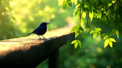 Obraz premium Blue Bird Perched on Wooden Railing in Sunlit Green Forest