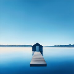 Blue Boat House on Calm Lake at Dawn
