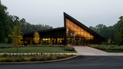 Fototapeta premium Modern building at dusk, landscaped grounds, evening lighting. Architecture photo