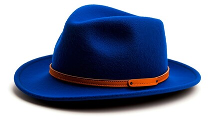 Blue Felt Hat with Brown Leather Band on White Background