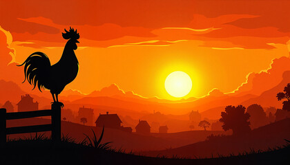Fototapeta premium French rooster silhouette on fence post at sunset, rural tranquility