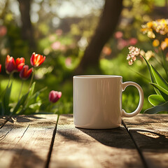 Blank Mug Mockup with a Springtime Garden Background - Generative AI
