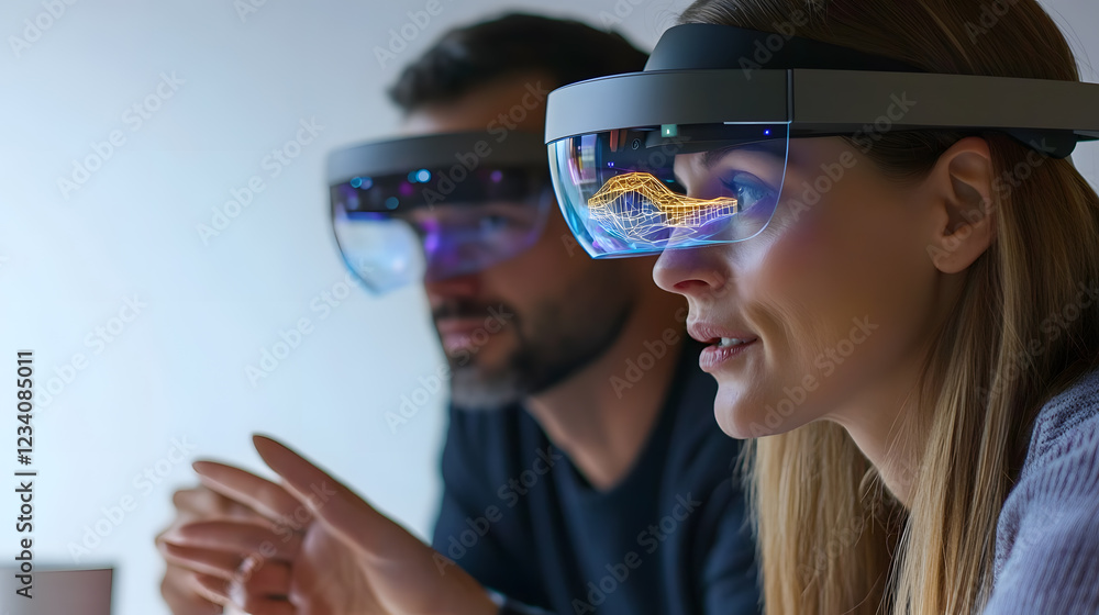 Poster two colleagues wearing augmented reality glasses collaborate on a project, visualizing 3d data in th