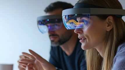 Two colleagues wearing augmented reality glasses collaborate on a project, visualizing 3D data in their headsets.  Innovative technology for teamwork.
